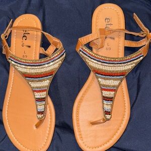 Etcetera Brown and Tan Sandals with Decorative Straps